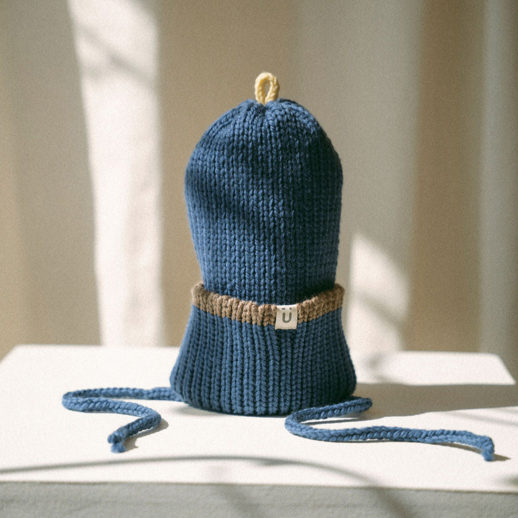 Tuque fine ligne mérinos | Hiver - Marine ~ café
