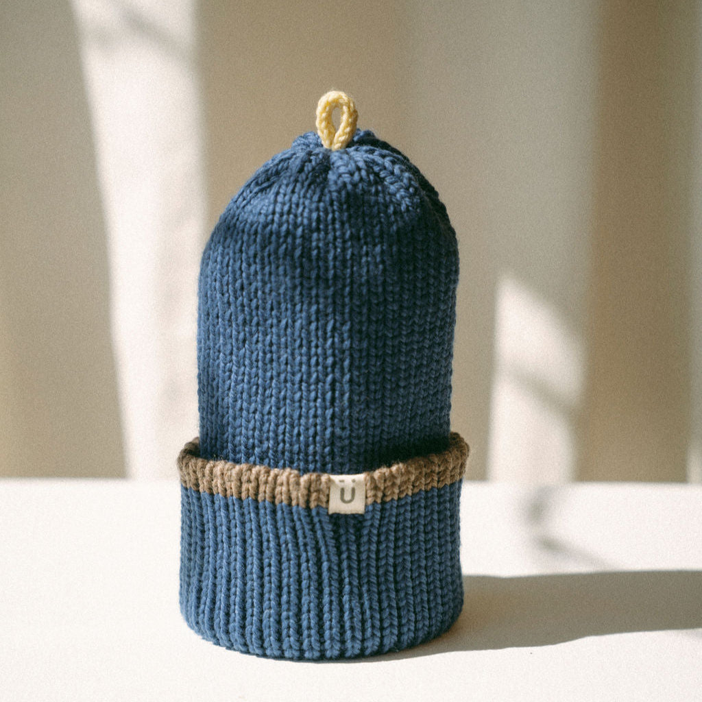 Tuque fine ligne mérinos | Hiver - Marine ~ café
